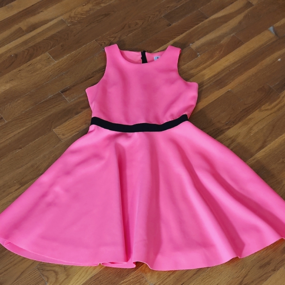 Girls' Neon Pink Sleeveless Fit & Flare Dress with Black Waistband